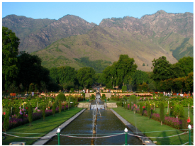 The garden of bliss, view of dal lake from the garden,cascading waterfalls through the terraces,beautiful flowers and the fountain
