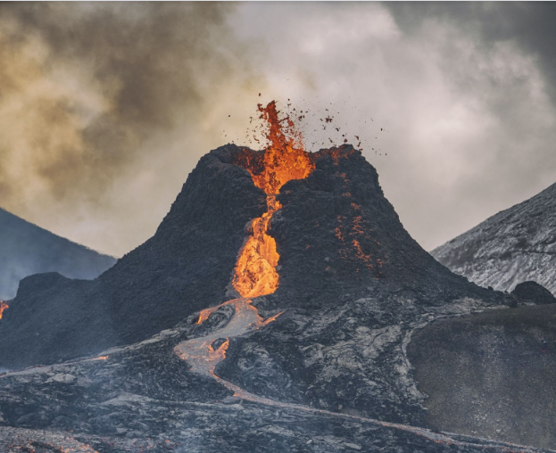 Molten rock erupts from the mountain.