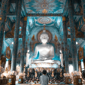 A person in front of the Buddha statue